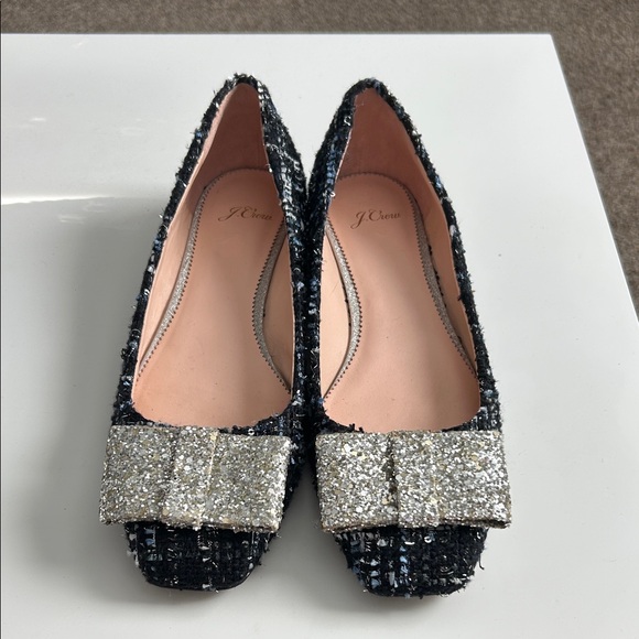 J. Crew Shoes - J. Crew Glittering Silver Bow Black Loafers